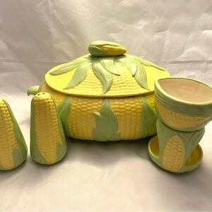 Corn Shaped Tureen Set with Salt & Pepper, & Sauce Cup & Tealight Warmer VTG EUC